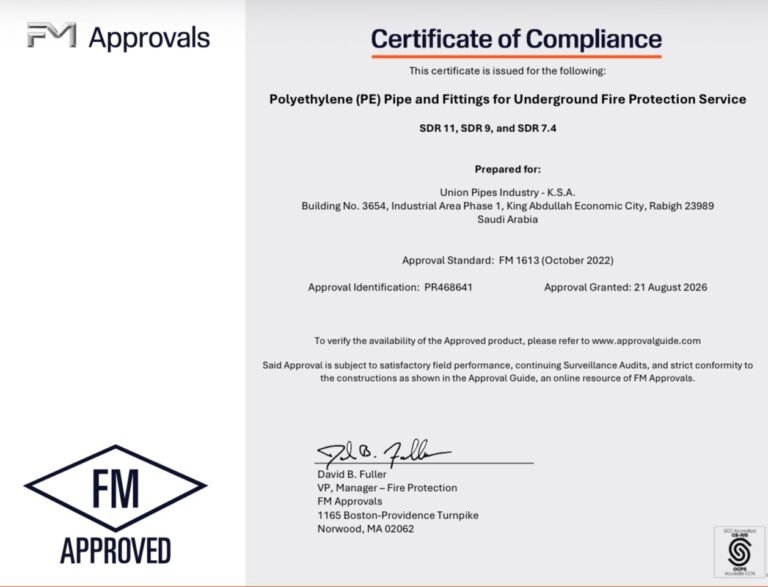 شهادة المطابقة من FM لأنابيب ووصلات البولي إيثيلين | FM Certificate of Compliance for polyethylene pipes and fittings