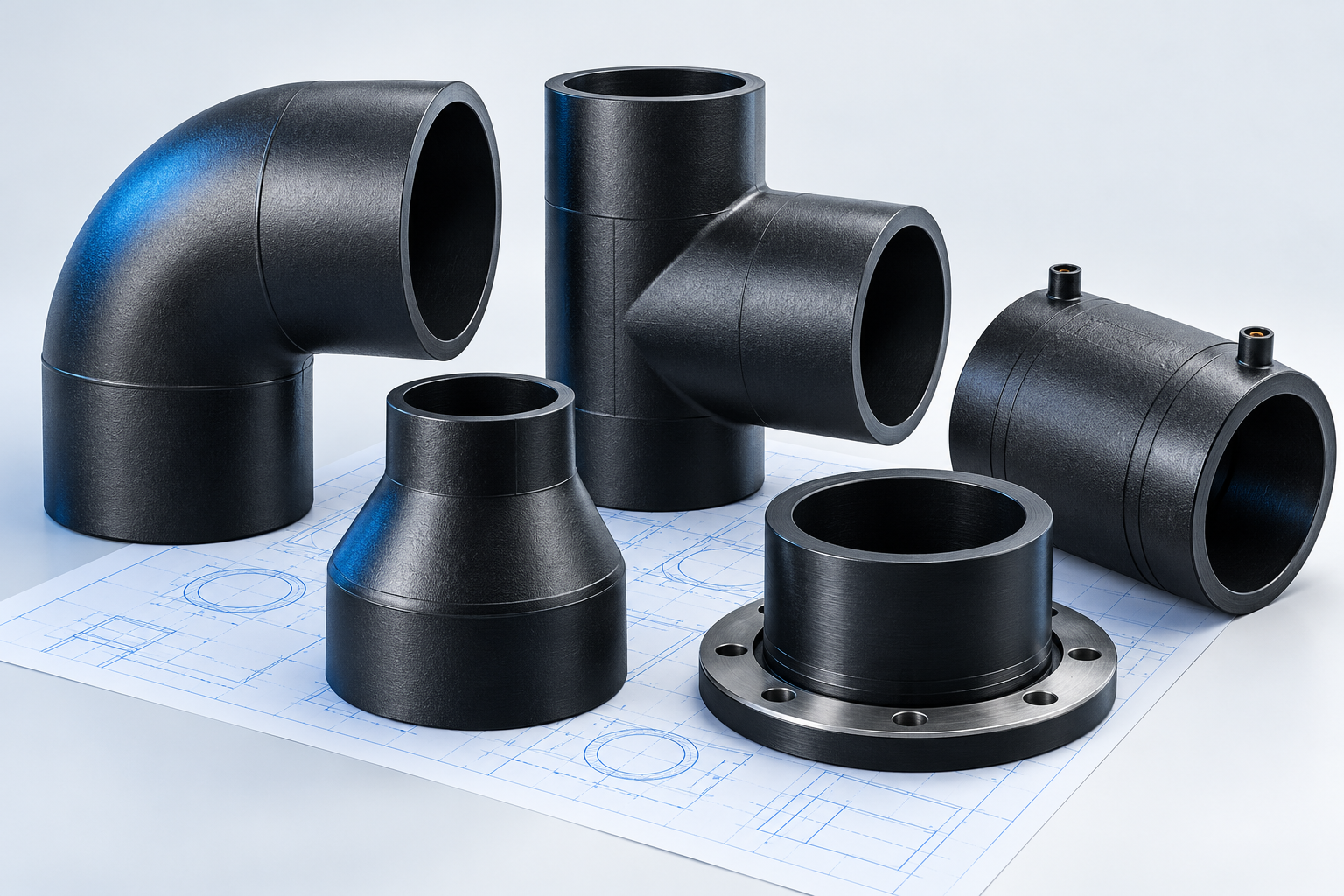 HDPE fittings: elbow, tee, reducer, flange adaptor and electrofusion coupler